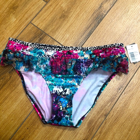 NWT Kenneth Cole Reaction ($46) BRIGHT Bikini Swim Hipster Bottom W/mesh Ruffle. - Picture 1 of 8